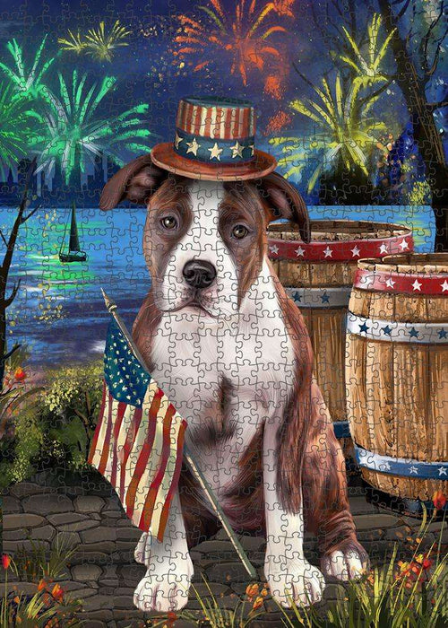 4th of July Independence Day Fireworks American Staffordshire Terrier Dog at the Lake Puzzle with Photo Tin PUZL57093