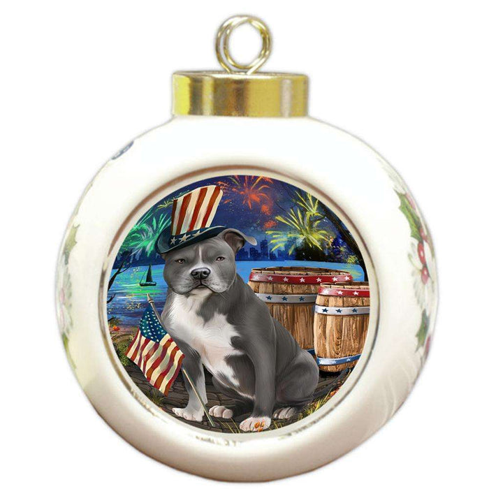 4th of July Independence Day Fireworks American Staffordshire Terrier Dog at the Lake Round Ball Christmas Ornament RBPOR51073
