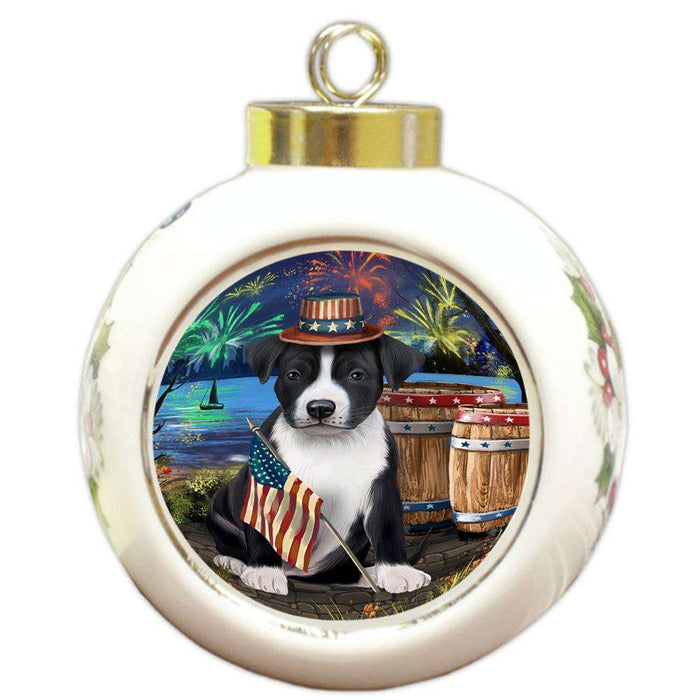 4th of July Independence Day Fireworks American Staffordshire Terrier Dog at the Lake Round Ball Christmas Ornament RBPOR51074