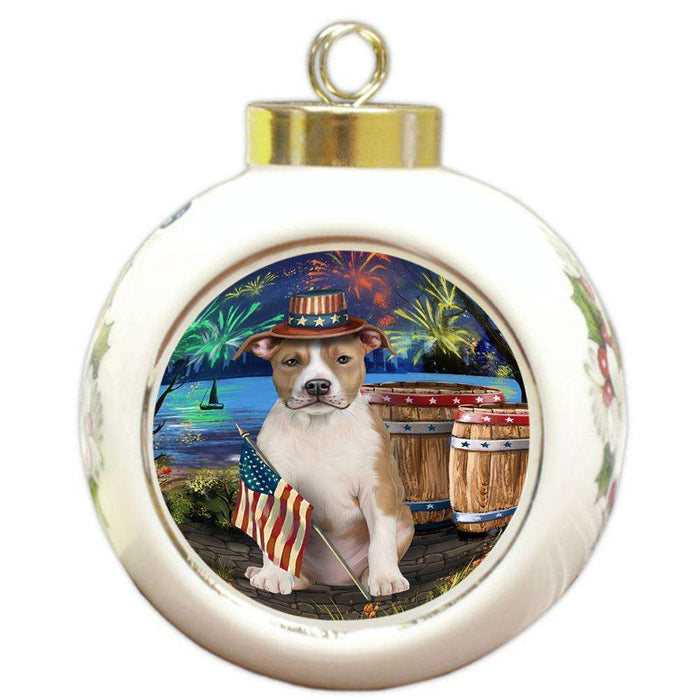 4th of July Independence Day Fireworks American Staffordshire Terrier Dog at the Lake Round Ball Christmas Ornament RBPOR51075