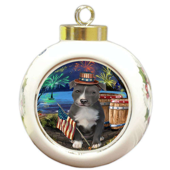 4th of July Independence Day Fireworks American Staffordshire Terrier Dog at the Lake Round Ball Christmas Ornament RBPOR51076