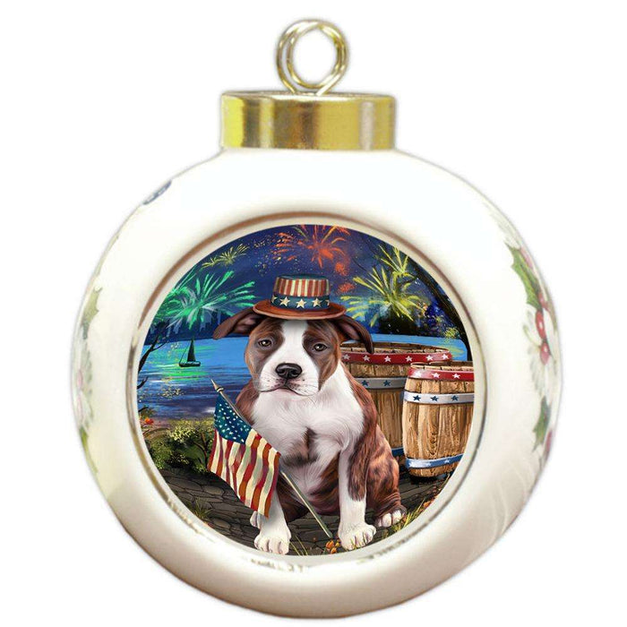 4th of July Independence Day Fireworks American Staffordshire Terrier Dog at the Lake Round Ball Christmas Ornament RBPOR51077