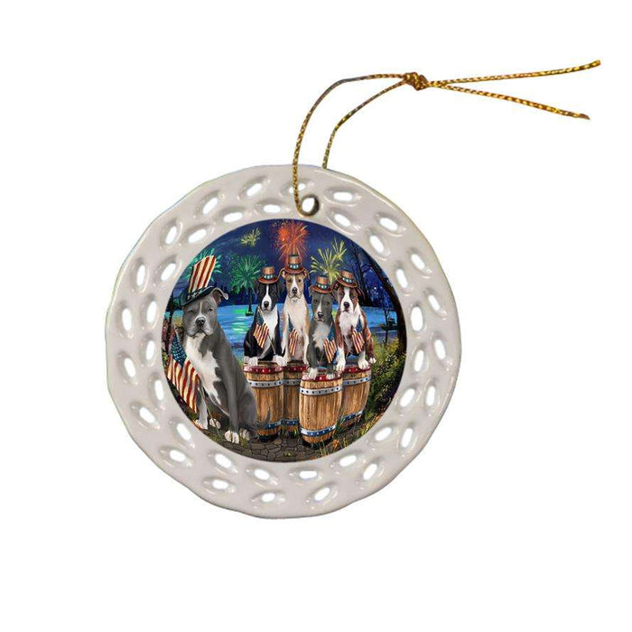 4th of July Independence Day Fireworks American Staffordshire Terriers at the Lake Ceramic Doily Ornament DPOR51007