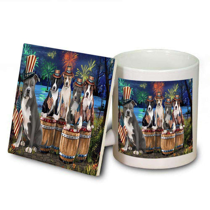 4th of July Independence Day Fireworks American Staffordshire Terriers at the Lake Mug and Coaster Set MUC50999