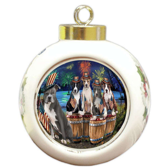 4th of July Independence Day Fireworks American Staffordshire Terriers at the Lake Round Ball Christmas Ornament RBPOR51007