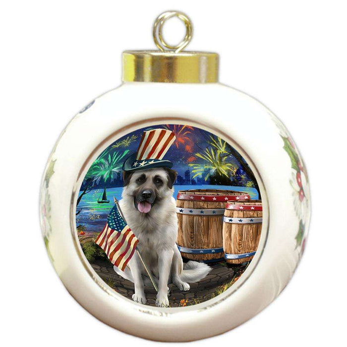 4th of July Independence Day Fireworks Anatolian Shepherd Dog at the Lake Round Ball Christmas Ornament RBPOR51078