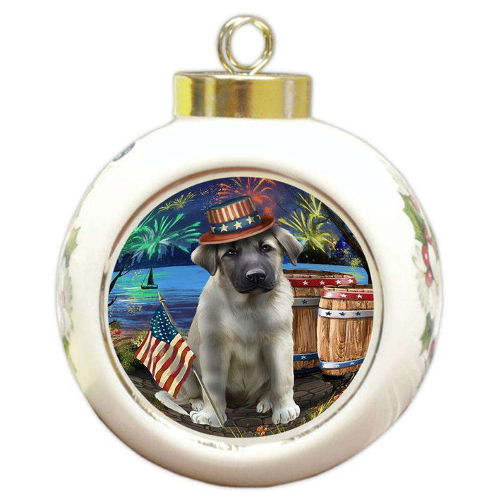 4th of July Independence Day Fireworks Anatolian Shepherd Dog at the Lake Round Ball Christmas Ornament RBPOR51080