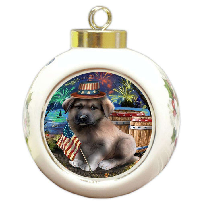 4th of July Independence Day Fireworks Anatolian Shepherd Dog at the Lake Round Ball Christmas Ornament RBPOR51081