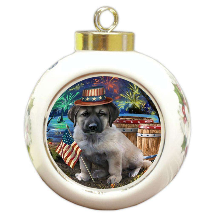 4th of July Independence Day Fireworks Anatolian Shepherd Dog at the Lake Round Ball Christmas Ornament RBPOR51082