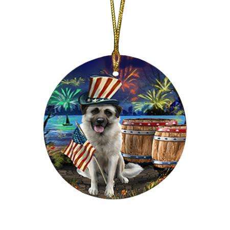 4th of July Independence Day Fireworks Anatolian Shepherd Dog at the Lake Round Flat Christmas Ornament RFPOR51069