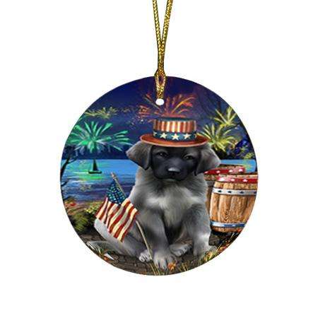 4th of July Independence Day Fireworks Anatolian Shepherd Dog at the Lake Round Flat Christmas Ornament RFPOR51070
