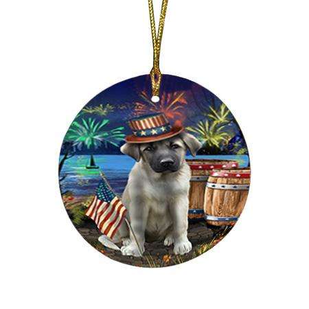 4th of July Independence Day Fireworks Anatolian Shepherd Dog at the Lake Round Flat Christmas Ornament RFPOR51071