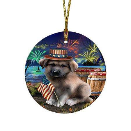 4th of July Independence Day Fireworks Anatolian Shepherd Dog at the Lake Round Flat Christmas Ornament RFPOR51072