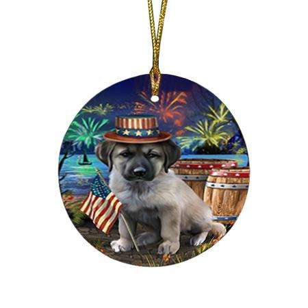 4th of July Independence Day Fireworks Anatolian Shepherd Dog at the Lake Round Flat Christmas Ornament RFPOR51073