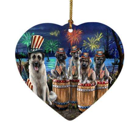4th of July Independence Day Fireworks Anatolian Shepherds at the Lake Heart Christmas Ornament HPOR51008