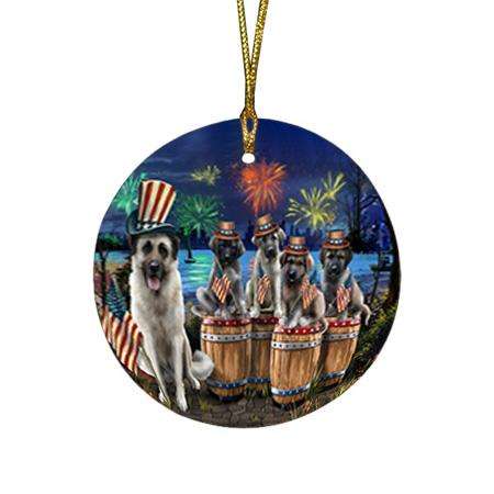 4th of July Independence Day Fireworks Anatolian Shepherds at the Lake Round Flat Christmas Ornament RFPOR50999