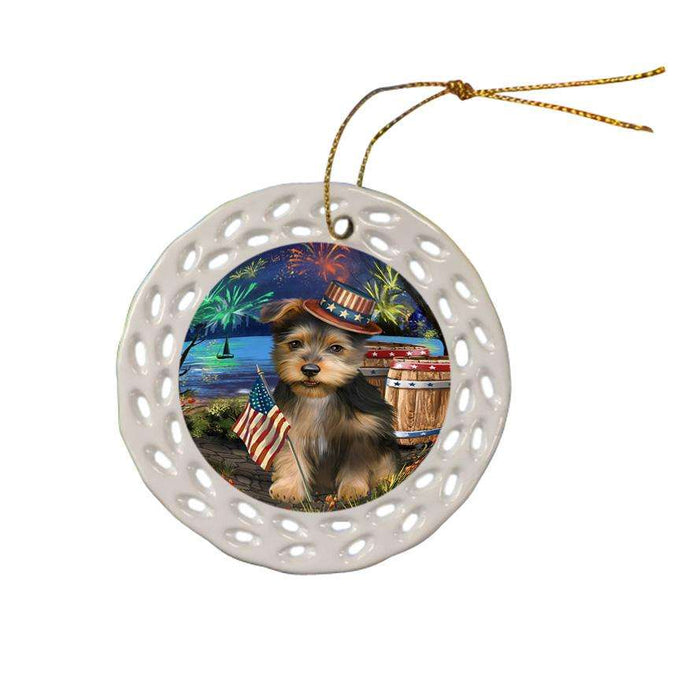 4th of July Independence Day Fireworks Australian Terrier Dog at the Lake Ceramic Doily Ornament DPOR51087