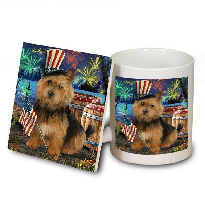 4th of July Independence Day Fireworks Australian Terrier Dog at the Lake Mug and Coaster Set MUC51075