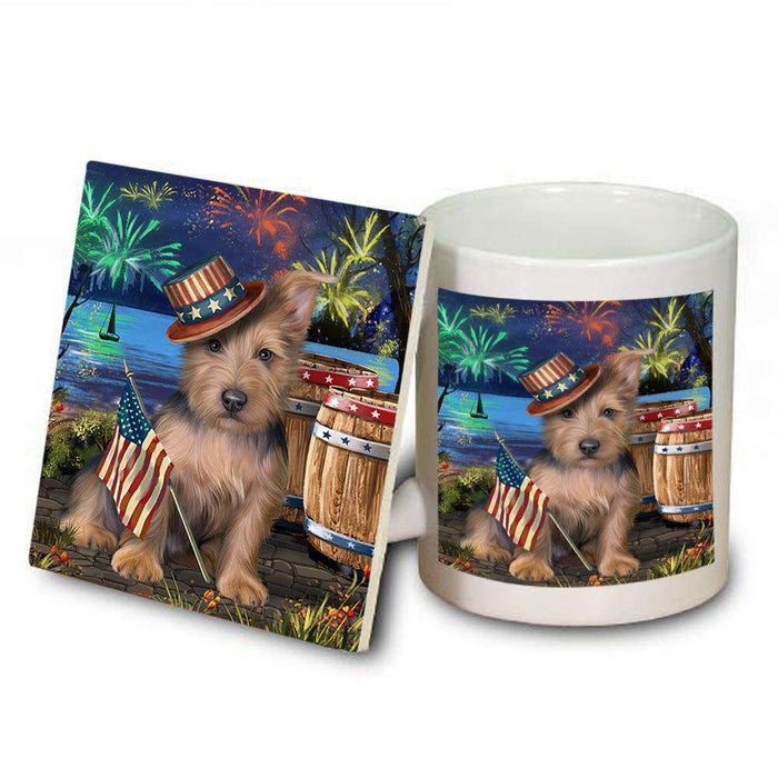 4th of July Independence Day Fireworks Australian Terrier Dog at the Lake Mug and Coaster Set MUC51076