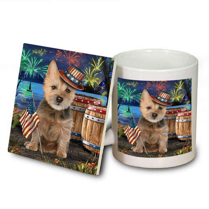4th of July Independence Day Fireworks Australian Terrier Dog at the Lake Mug and Coaster Set MUC51078