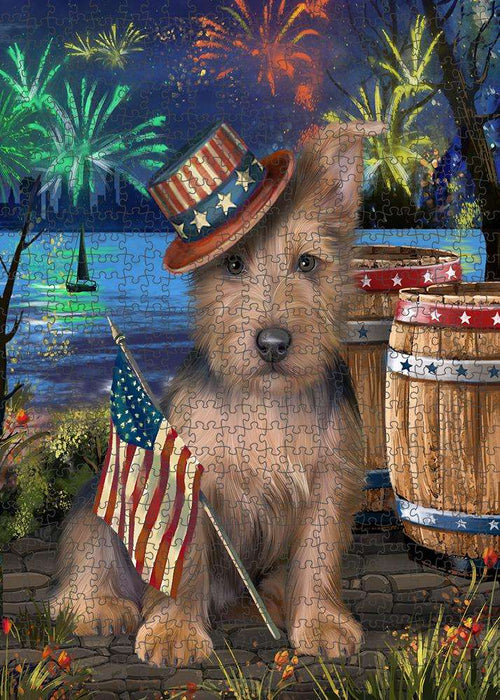 4th of July Independence Day Fireworks Australian Terrier Dog at the Lake Puzzle with Photo Tin PUZL57114