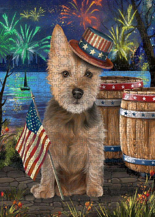 4th of July Independence Day Fireworks Australian Terrier Dog at the Lake Puzzle with Photo Tin PUZL57120