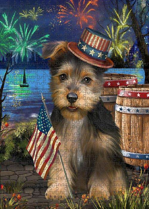 4th of July Independence Day Fireworks Australian Terrier Dog at the Lake Puzzle with Photo Tin PUZL57123