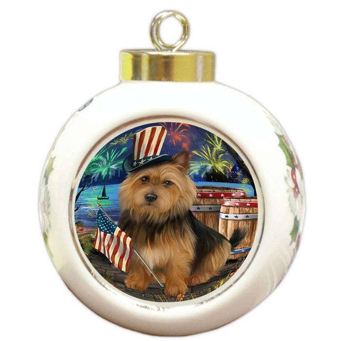 4th of July Independence Day Fireworks Australian Terrier Dog at the Lake Round Ball Christmas Ornament RBPOR51083