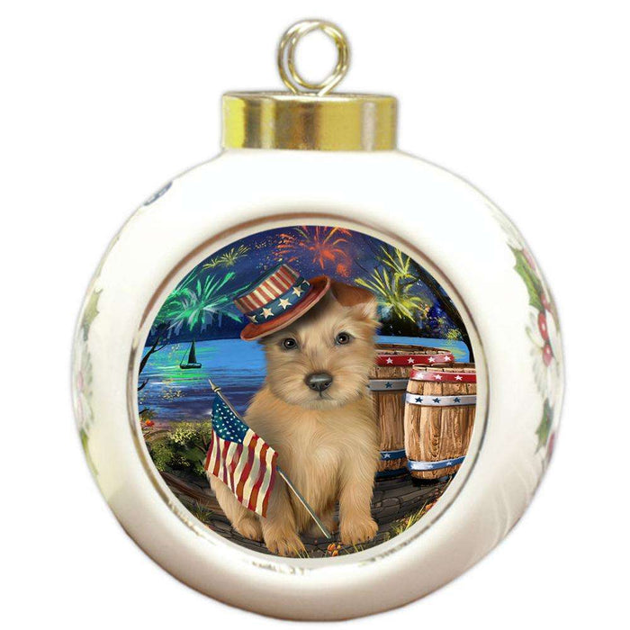 4th of July Independence Day Fireworks Australian Terrier Dog at the Lake Round Ball Christmas Ornament RBPOR51085