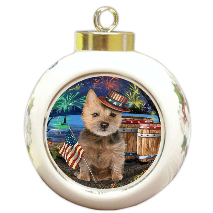 4th of July Independence Day Fireworks Australian Terrier Dog at the Lake Round Ball Christmas Ornament RBPOR51086