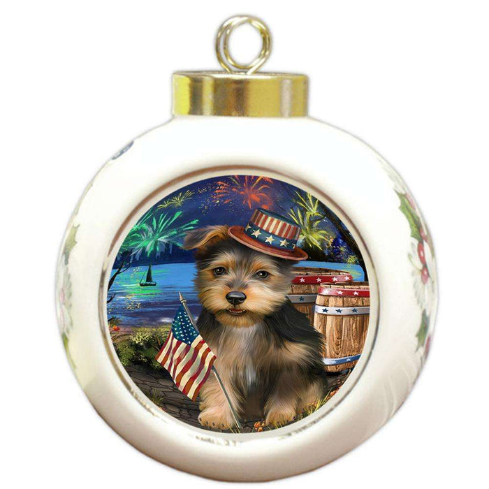 4th of July Independence Day Fireworks Australian Terrier Dog at the Lake Round Ball Christmas Ornament RBPOR51087