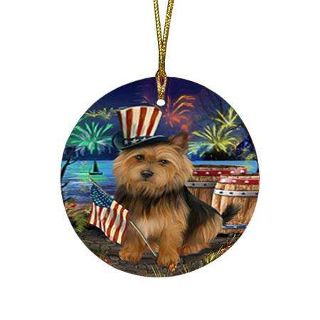 4th of July Independence Day Fireworks Australian Terrier Dog at the Lake Round Flat Christmas Ornament RFPOR51074