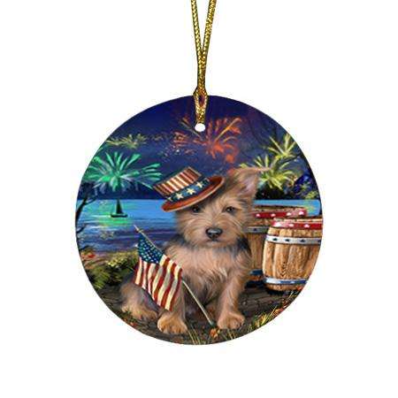 4th of July Independence Day Fireworks Australian Terrier Dog at the Lake Round Flat Christmas Ornament RFPOR51075