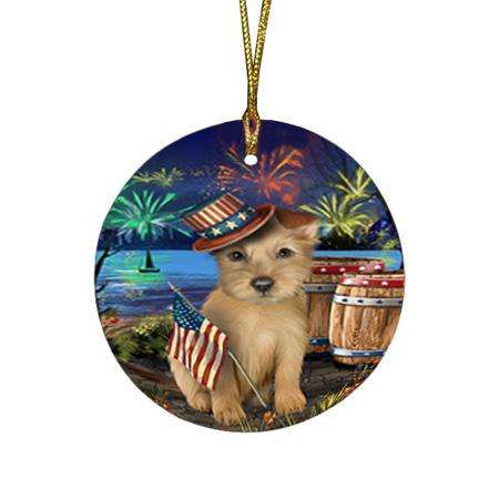 4th of July Independence Day Fireworks Australian Terrier Dog at the Lake Round Flat Christmas Ornament RFPOR51076