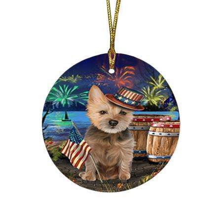 4th of July Independence Day Fireworks Australian Terrier Dog at the Lake Round Flat Christmas Ornament RFPOR51077
