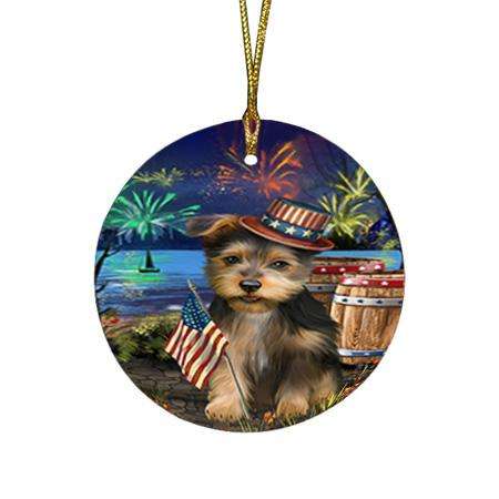 4th of July Independence Day Fireworks Australian Terrier Dog at the Lake Round Flat Christmas Ornament RFPOR51078