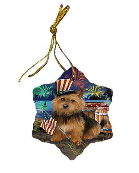4th of July Independence Day Fireworks Australian Terrier Dog at the Lake Star Porcelain Ornament SPOR51075