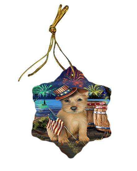 4th of July Independence Day Fireworks Australian Terrier Dog at the Lake Star Porcelain Ornament SPOR51077