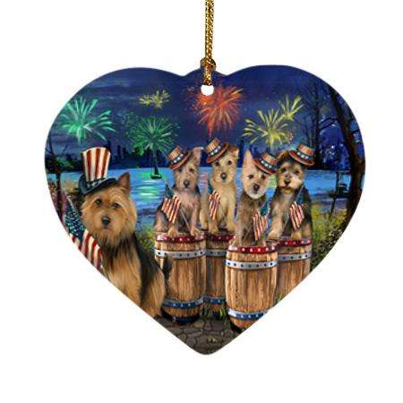 4th of July Independence Day Fireworks Australian Terriers at the Lake Heart Christmas Ornament HPOR51009