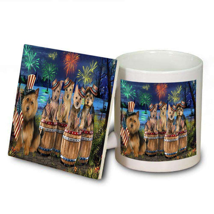4th of July Independence Day Fireworks Australian Terriers at the Lake Mug and Coaster Set MUC51001