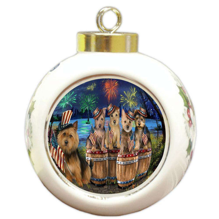 4th of July Independence Day Fireworks Australian Terriers at the Lake Round Ball Christmas Ornament RBPOR51009