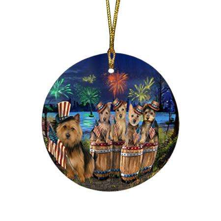 4th of July Independence Day Fireworks Australian Terriers at the Lake Round Flat Christmas Ornament RFPOR51000