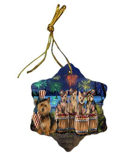 4th of July Independence Day Fireworks Australian Terriers at the Lake Star Porcelain Ornament SPOR51001