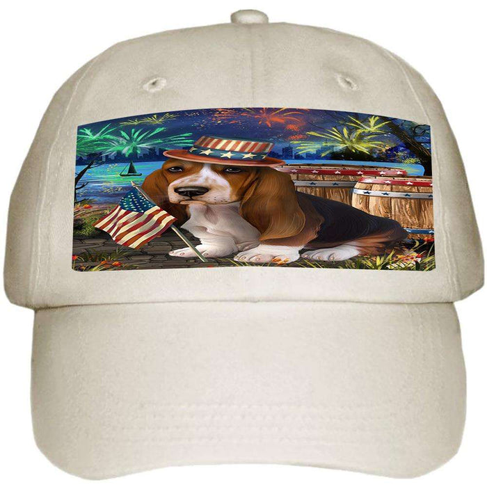 4th of July Independence Day Fireworks Basset Hound Dog at the Lake Ball Hat Cap HAT56478