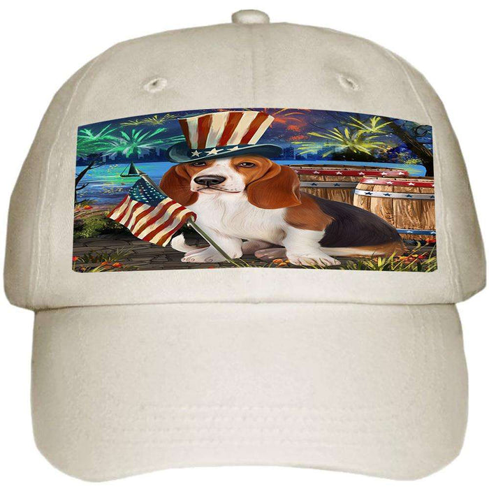 4th of July Independence Day Fireworks Basset Hound Dog at the Lake Ball Hat Cap HAT56481