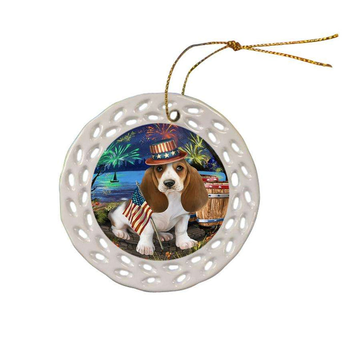 4th of July Independence Day Fireworks Basset Hound Dog at the Lake Ceramic Doily Ornament DPOR50912