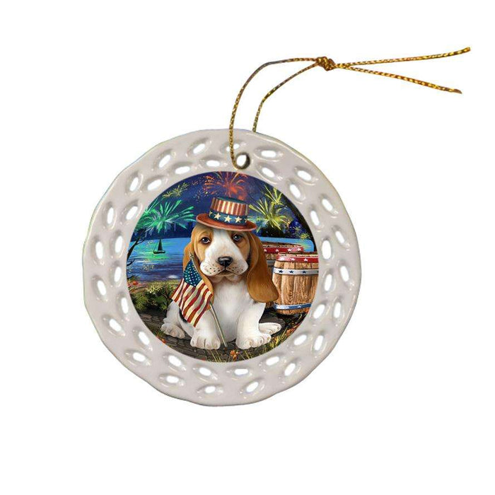 4th of July Independence Day Fireworks Basset Hound Dog at the Lake Ceramic Doily Ornament DPOR50913