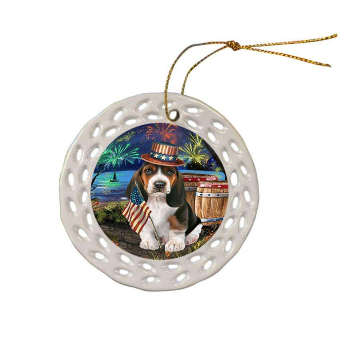 4th of July Independence Day Fireworks Basset Hound Dog at the Lake Ceramic Doily Ornament DPOR50914
