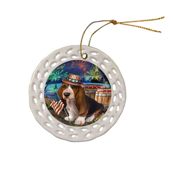 4th of July Independence Day Fireworks Basset Hound Dog at the Lake Ceramic Doily Ornament DPOR50915