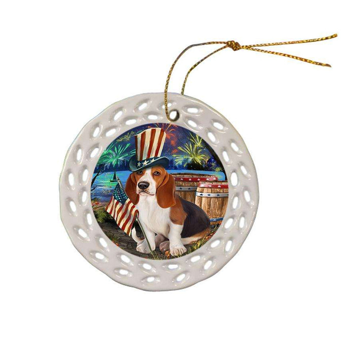 4th of July Independence Day Fireworks Basset Hound Dog at the Lake Ceramic Doily Ornament DPOR50916